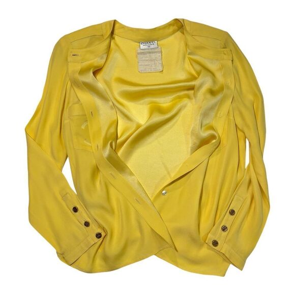 CHANEL SILK CC Logo Canary Yellow Blouse CC Gold Tone Button Detail |Size:36| - Picture 4 of 9